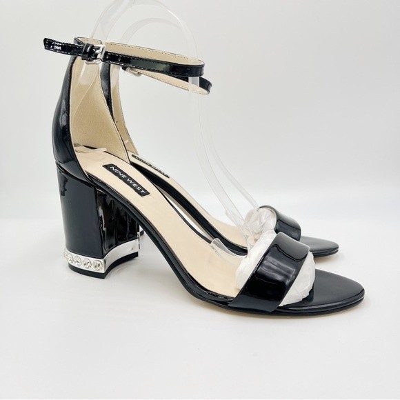 Nine West Size 8 Abigail Black‎ Patent Leather Jeweled Block Heel Dress Sandals - Picture 2 of 13